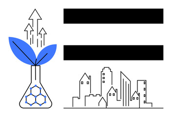Laboratory flask with green leaf sprouting and arrows symbolizing growth. Urban cityscape with equality lines. Ideal for innovation, sustainability, urban development, science, equality, ecology