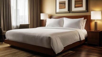 A contemporary hotel suite featuring a plush queen bed, deep eucalyptus walls, and polished wooden flooring, offering a refined yet inviting atmosphere.