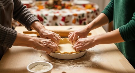 Two hands crimping pie crust on wooden table