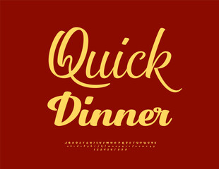 Vector Bright flyer Quick Meals. Beautiful Cursive Font. Artistic Alphabet Letters, Numbers and Symbols