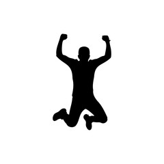 A silhouette of a person jumping in the air with arms raised in a celebratory or excited pose on white