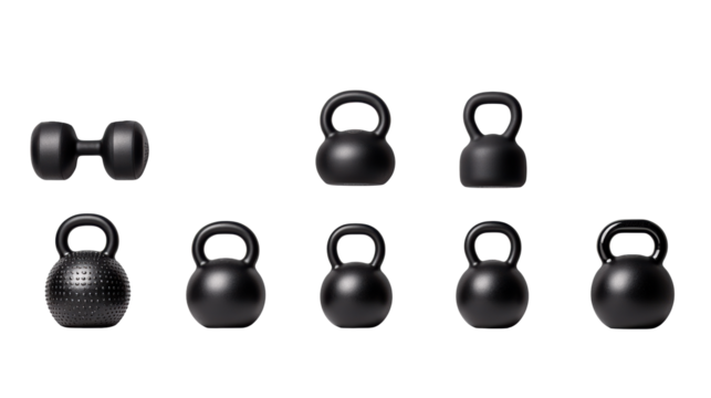 Variety of Black Kettlebells on Transparent Background