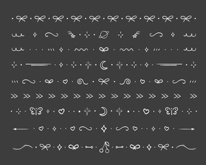 Line divider, cute border chalk texture hand drawn elements separator. Set geometric doodle frames with bows, hearts, moon. Stars and geometric shapes. Lace horizontal decoration.