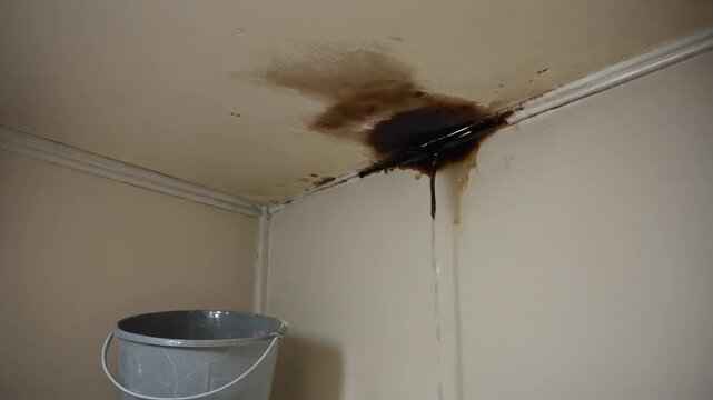Leaky Roof Causing Water Damage and Mold Growth, Water Damage from a Leaky Ceiling with a Bucket to Catch the Dripping Water