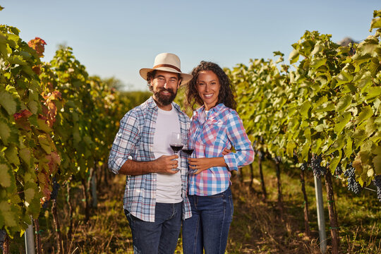 A couple stands proudly in their family vineyard, each holding a glass of wine. Surrounded by healthy grapevines, they enjoy the warm sun and beautiful scenery.