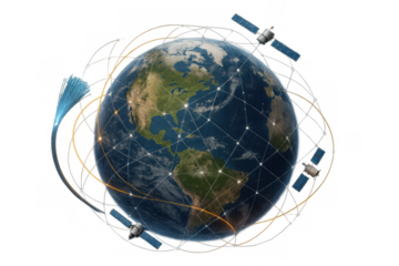 Global network connecting world with fiber optics data flow and orbiting satellites on transparent background