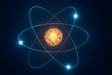 Glowing atom model with orbiting electrons, representing science and technology concept