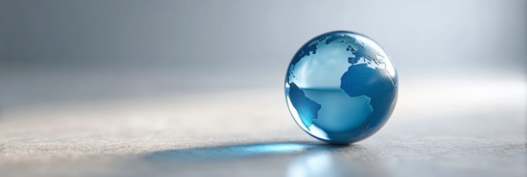 Glass earth globe resting on a textured surface, reflecting blue light and symbolizing global connection, environmental awareness, and international business collaboration