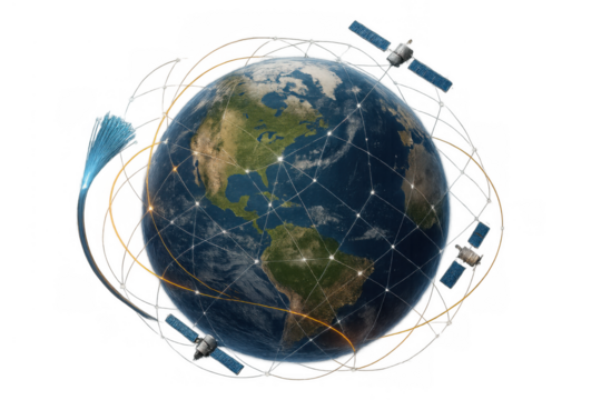 Global network connecting world with fiber optics data flow and orbiting satellites on transparent background