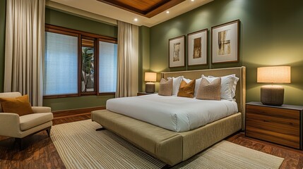 A contemporary master bedroom with a plush queen bed, muted sage green walls, and warm wooden textures, exuding style and sophistication.