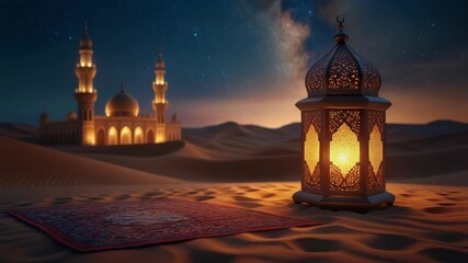 Desert mosque and lantern at night islamic religious background