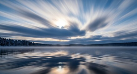 Lake reflection with blurred sky and forest