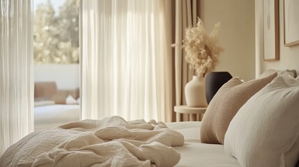 A contemporary peaceful retreat with soft natural light, layered textiles, and warm beige furnishings for a cozy feel