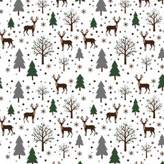 Seamless Christmas Pattern with Deer and Winter Trees 