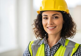 Confident female construction worker wearing a yellow hard hat and safety vest smiles