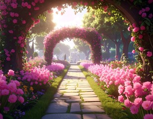 A stone path leads through a lush garden with blossoming pink flowers under an archway, towards a sunlit clearing