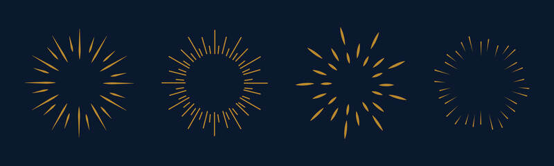 Vintage starburst. Sunburst shapes, bursting sun rays, sunshine. Radial fireworks burst, sunset and sunrise, star beams, sparkle elements. Vector classic boho logo line set. Sunburst vector set sun
