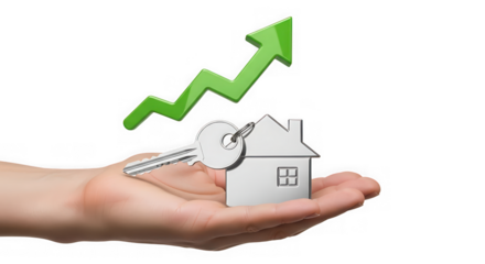 Hand holding house and key with arrow up isolated on transparent background real estate concept