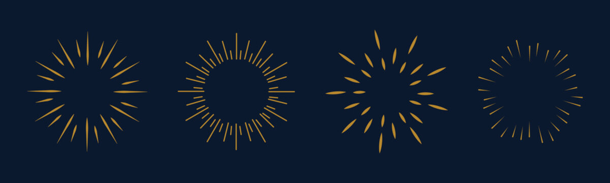 Vintage starburst. Sunburst shapes, bursting sun rays, sunshine. Radial fireworks burst, sunset and sunrise, star beams, sparkle elements. Vector classic boho logo line set. Sunburst vector set sun
