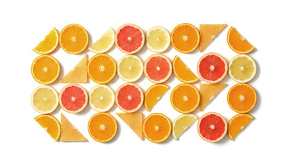 Citrus fruit pattern on white background – sliced lemon, orange and grapefruit arranged in geometric layout