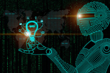 Futuristic robot holding a glowing light bulb in a digital world of data and binary code