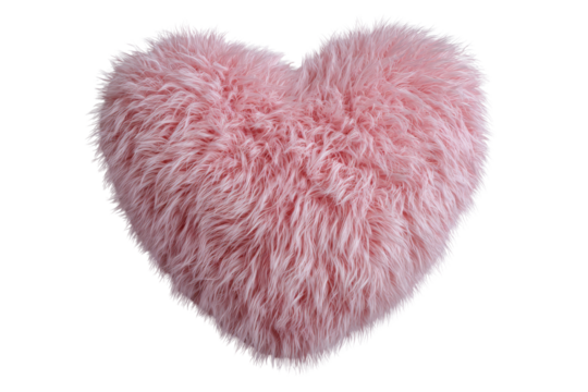 Fluffy pink heart shaped pillow with long fur on black background image, Isolated On Transparent Background, Png Cut Out