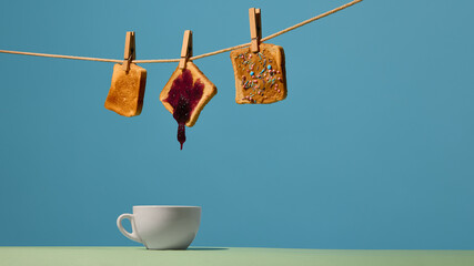 Toast with dripping jam suspended above cup on vibrant background. Concept of cafe branding, drink pairing ideas, menu updates, morning routine content and blog visuals.