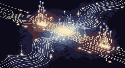 Futuristic digital processor with intricate glowing circuit board pathways.