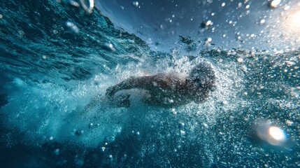 Fototapeta premium Underwater View of a Swimmer Moving Through Clear Ocean Water with Sunlit Surface
