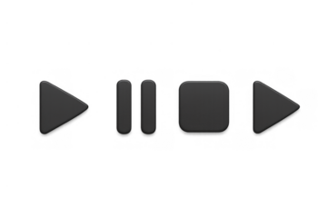 Media player control buttons set rendering, having dark mode user interface elements for audio or video applications