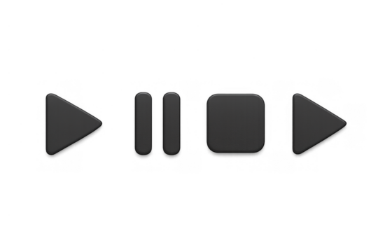 Media player control buttons set rendering, having dark mode user interface elements for audio or video applications