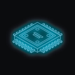 Neon blue isometric microchip glowing on a dark background, symbolizing innovation in computer science and electronic engineering