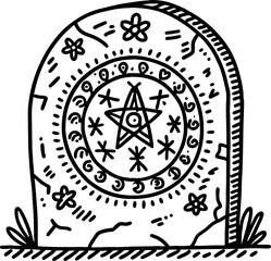 Mystical tombstone with pentagram and floral designs, ancient carved gravestone, occult magical symbol illustration