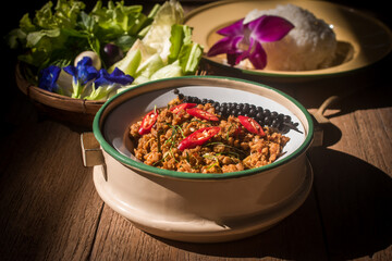 A plate of traditional Southern Thai Khua Kling stir-fried minced pork served in a rustic bowl, topped with red chili and sliced kaffir lime leaves. 