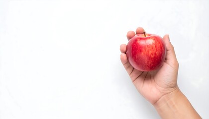 A vibrant red apple held in a human hand against white.