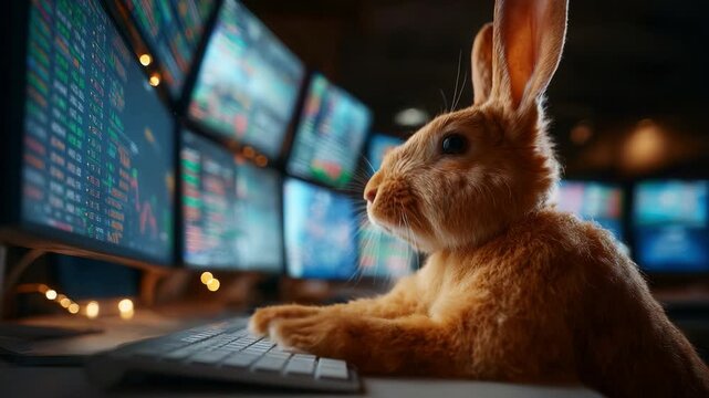 A Curious Rabbit Engaged in Trading, Analyzing Market Data on Multiple Monitors, Exemplifying Unusual Blend of Nature and Technology in a Unique Financial Environment