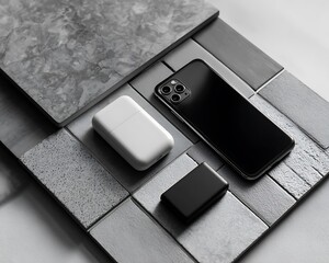 Monochrome flatlay of mobile accessories on grayscale abstract tiles
