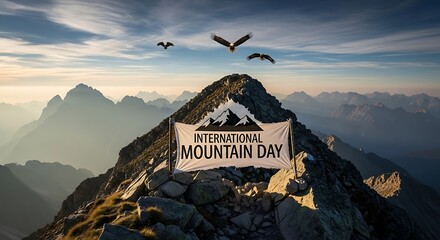 International mountain day celebration banner on peak with eagles and scenic mountain landscape view