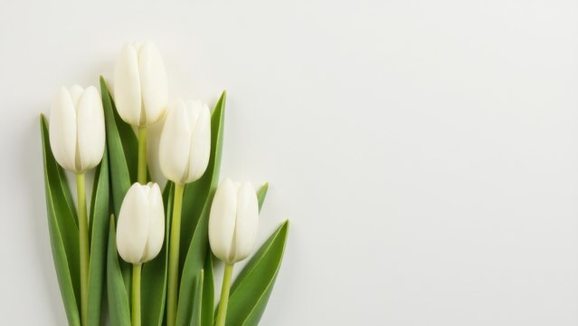 A bouquet of white tulips sits on a clean, white surface - Powered by Adobe