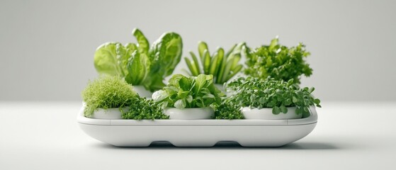 Modern urban farm grows fresh green vegetables in white pods on rooftop and vertical spaces.