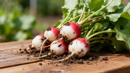 Freshly harvested radishes with soil on wooden table in garden  