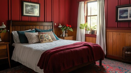 A cozy and bold bedroom featuring a queen-size bed, deep burgundy walls, and natural wooden paneling, creating a warm retreat.