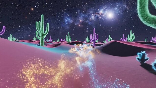 national science fiction day mystical alien desert with glowing cacti under starry night