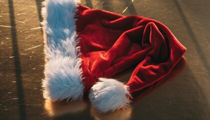 Santa hat in warm golden sunset light. Ideal for cozy holiday advertising, lifestyle blogs, Christmas storytelling graphics and festive social media posts.