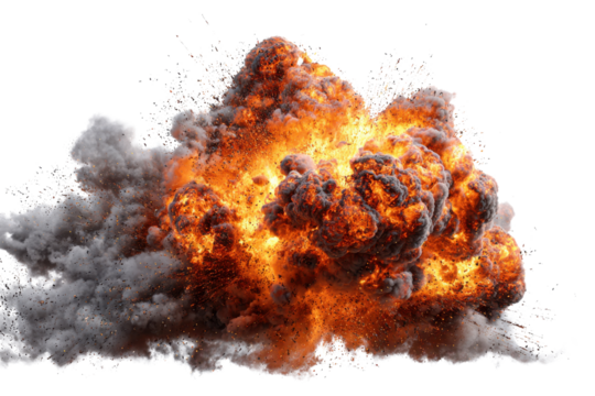 Intense orange and grey explosion with fiery particles and smoke fire blast, Isolated On Transparent Background, Png Cut Out