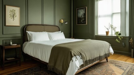 A cozy and elegant bedroom featuring a queen-size bed, deep olive-green walls, and polished wooden flooring, offering a tranquil modern escape.