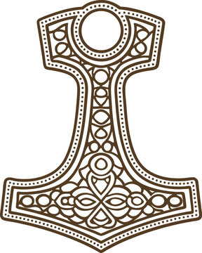 Viking thor hammer mjolnir icon norse mythology amulet with intricate celtic knot ornamental pattern illustration
