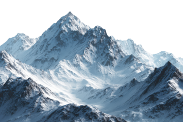 Jagged snow covered mountain peaks with deep valleys and black background winter, Isolated On Transparent Background, Png Cut Out