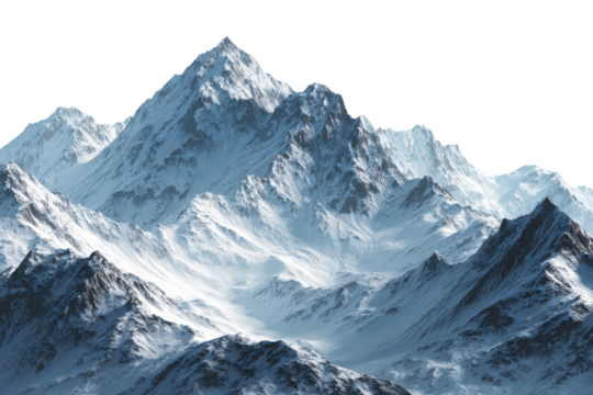 Jagged snow covered mountain peaks with deep valleys and black background winter, Isolated On Transparent Background, Png Cut Out