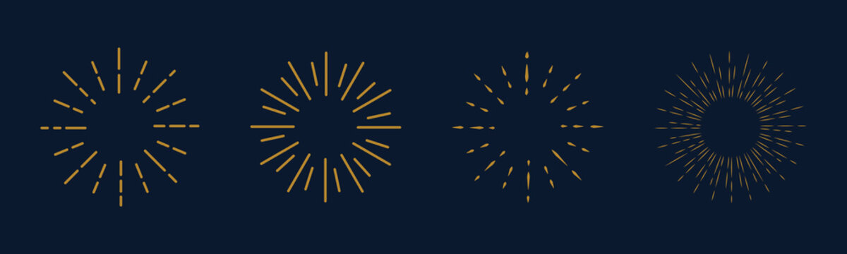 Vintage sunburst collection.Retro gold Sun burst shapes. Bursting golden sun rays. Vintage light starburst labels, badges,Fireworks,Logotype or lettering design element. Radial sunset beams.